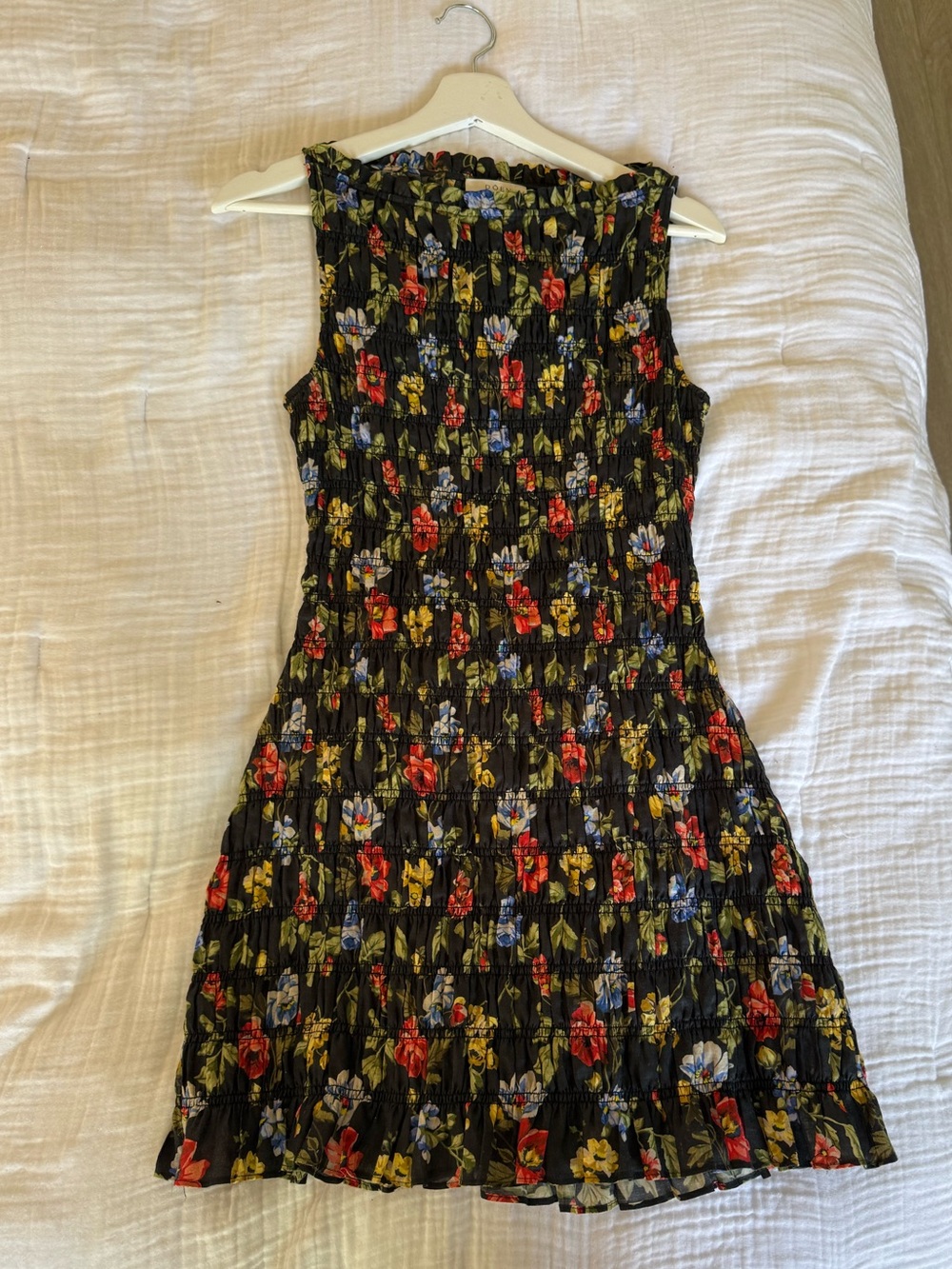 Doen Gianna Ramie Boatneck Smocked Mini Dress Noir Wild Rose Floral